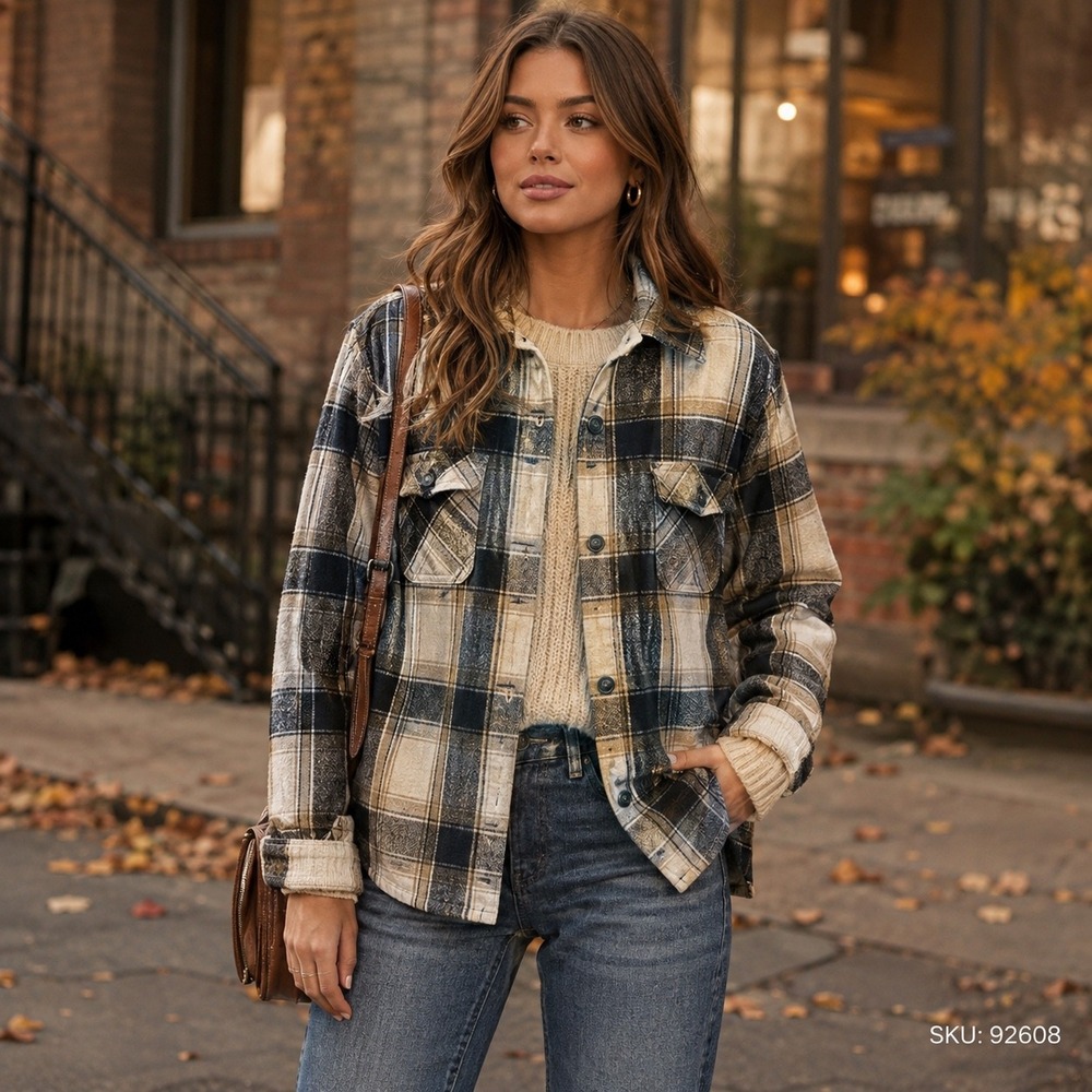 JW Style Women Tan Black Plaid Flannel Shacket Button Down Shirt Large 0272